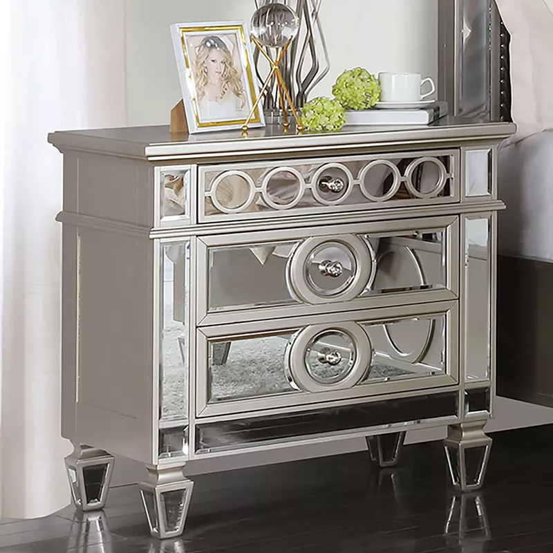 Glam Wood 3-Drawer Nightstand with USB Charger in Champagne