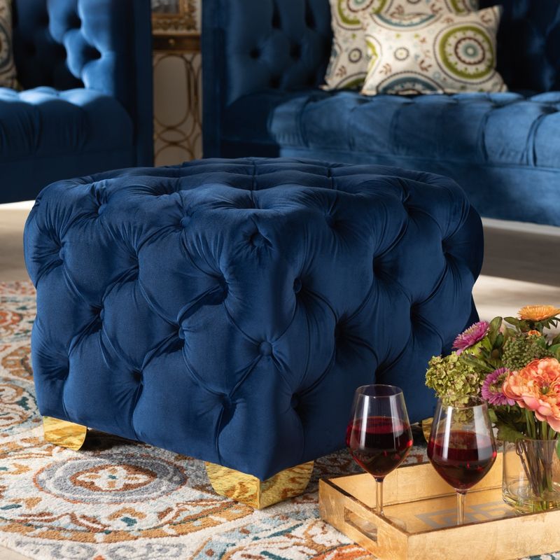 Glam Velvet Ottoman with Gold Legs - Blue