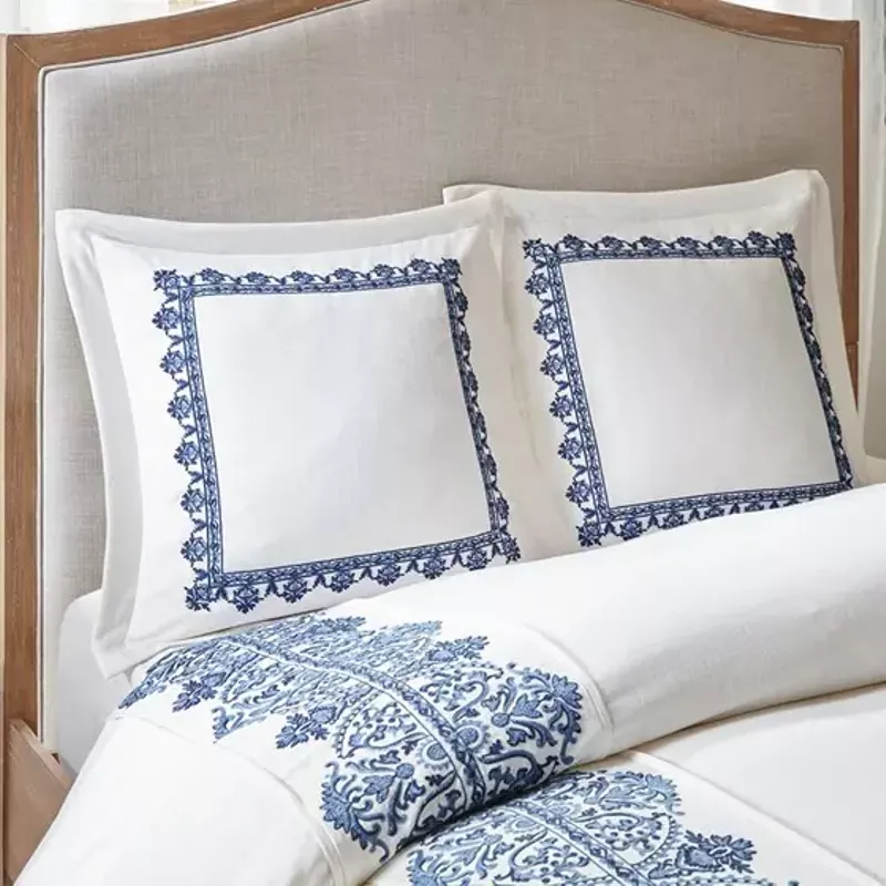 Off White/Blue Indigo Sky Faux Linen Oversized Comforter 8 Piece Set Queen