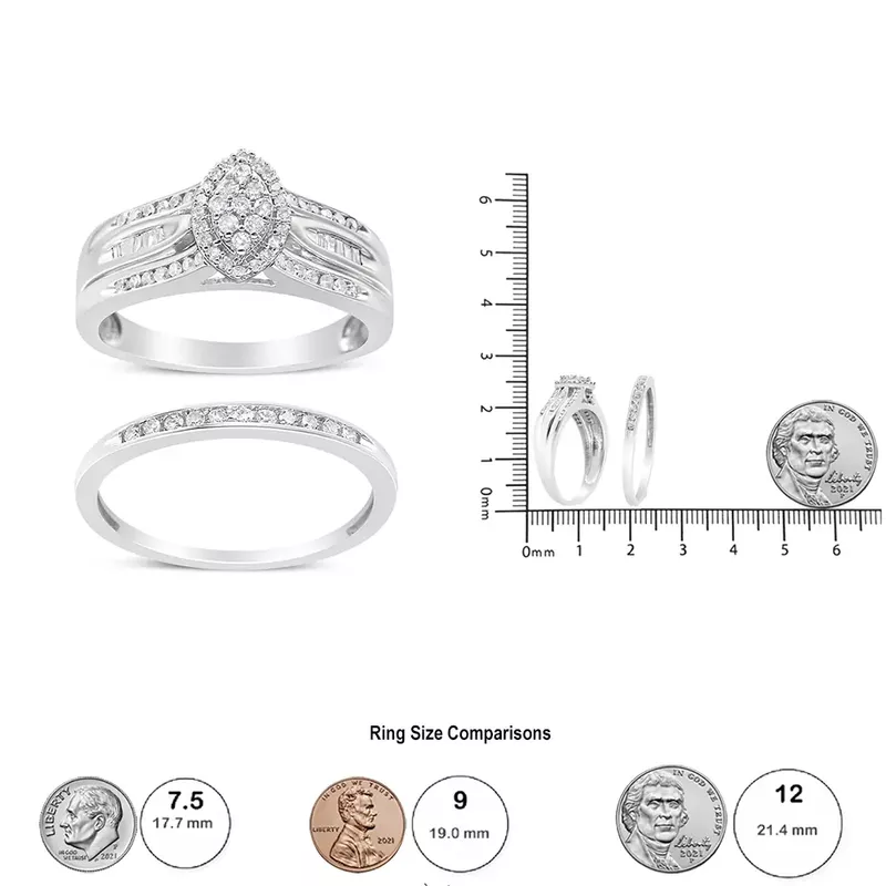 .925 Sterling Silver 1/2 Cttw Round and Baguette-Cut Diamond Engagement Bridal Set (I-J Color, I1-I2 Clarity) - Size 7