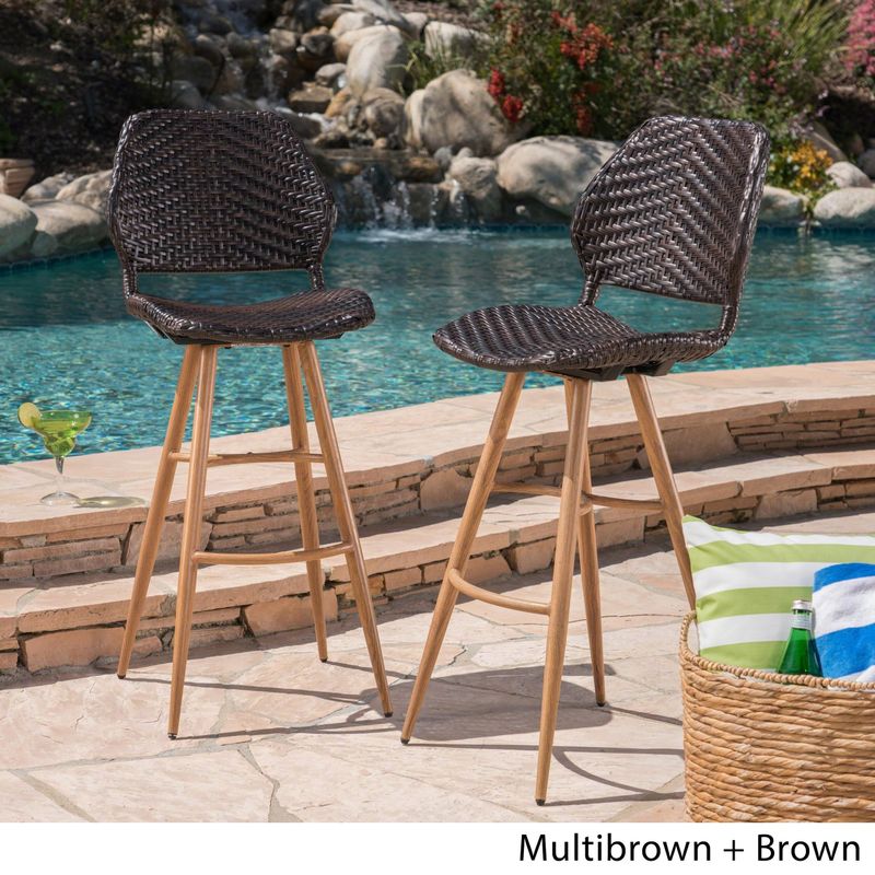 Laryn Outdoor Wicker Wood Barstool (Set of 2) by Christopher Knight Home - Multibrown
