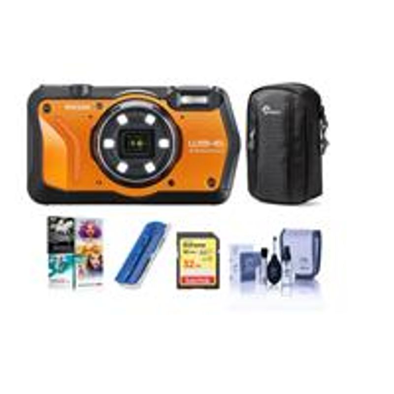 Ricoh WG-6 Digital Camera, Orange - Bundle With Camera Case, 32GB SDHC Card, Cleaning Kit, Card Reader, PC Software Package