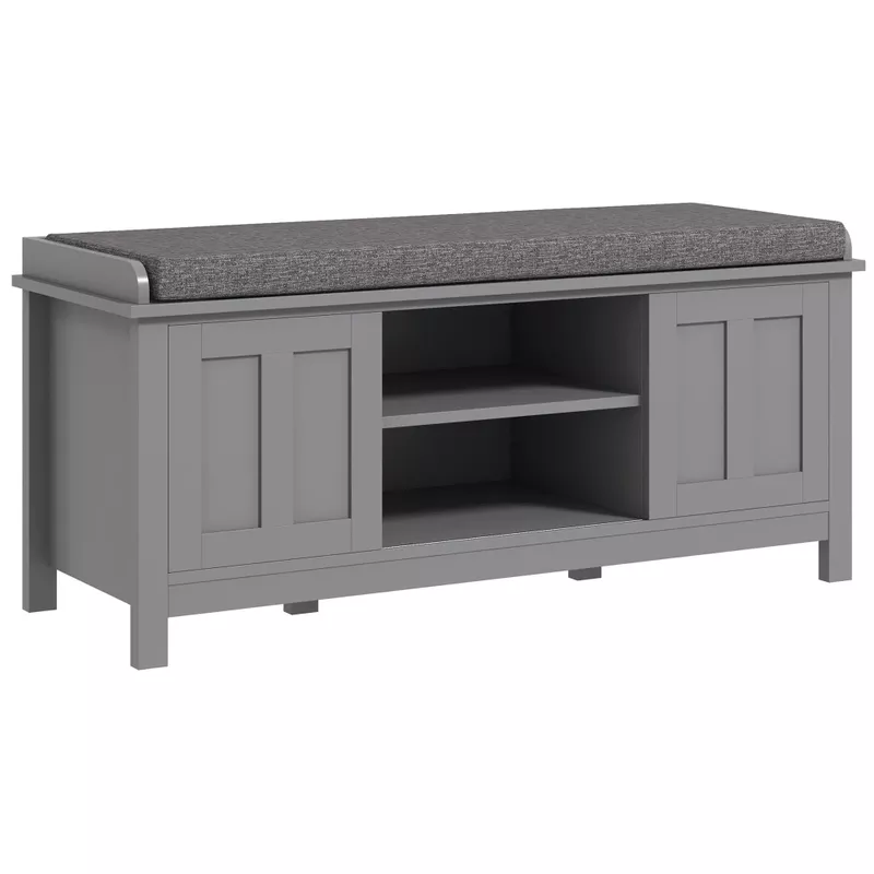 HOMCOM Entryway Shoe Bench Storage Ottoman with Adjustable Shelving, 6 Compartments, and Padded Seat, White/Grey - Grey