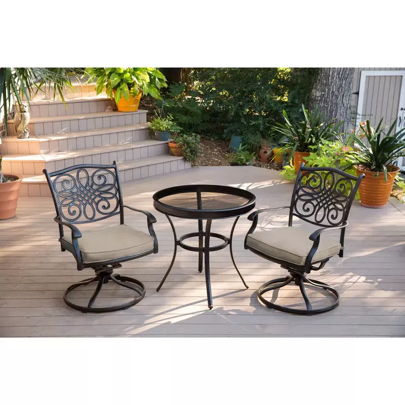 Traditions 3pc: 2 Swivel Rockers, 30" Round Glass Top Table