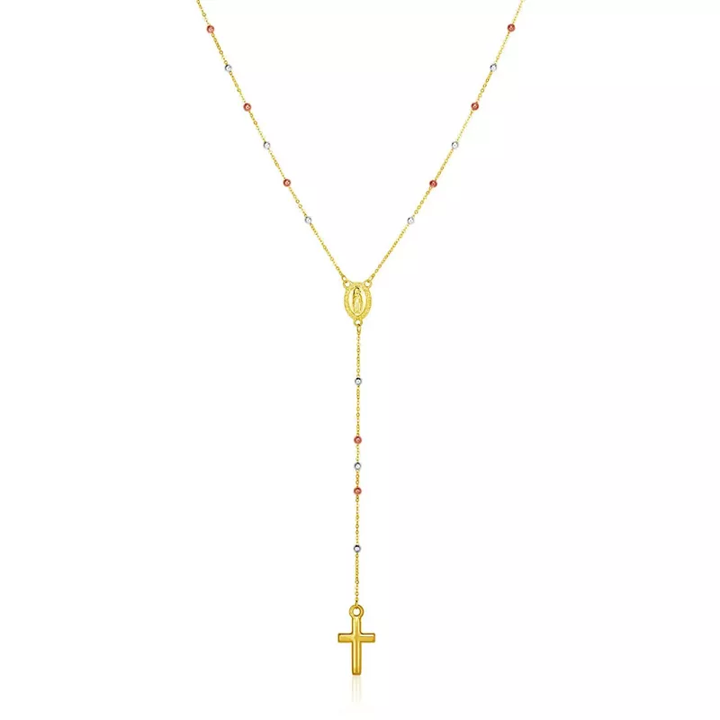 14k Tri Color Gold Lariat Rosary Necklace (26 Inch)