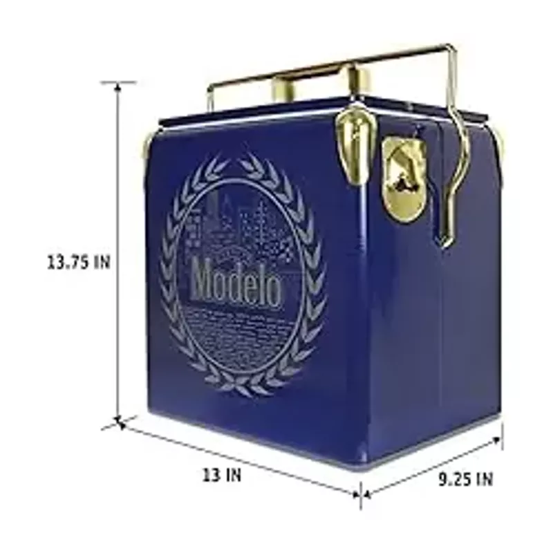 Modelo Retro Ice Chest Cooler with Bottle Opener 13L (14 qt), 18 Can Capacity, Blue and Gold, Vintage Style Ice Bucket for Camping, Beach, Picnic, RV, BBQs, Tailgating, Fishing