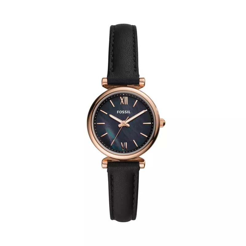 Fossil - Ladies Carlie Mini Rose Gold & Black Leather Strap Watch Black Dial