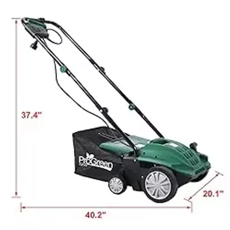 13-Inch 12Amp 2-in-1 Electric Dethatcher and Scarifier with 31.7QT Removable Collection Bag,w/ 4-Position Tine and Adjustable Cylinder Knob,Green+Black