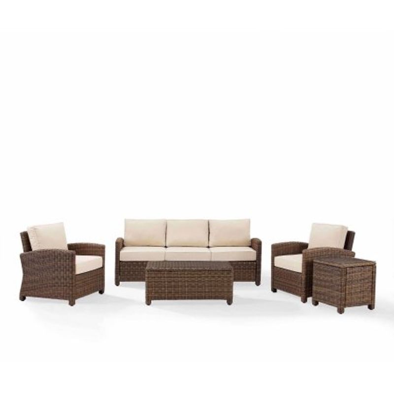 Crosley Furniture Bradenton 5-Piece Outdoor Wicker Sofa Conversation Set with Sand Cushions - Sofa, Two Arm Chairs, Side Table & Glass...