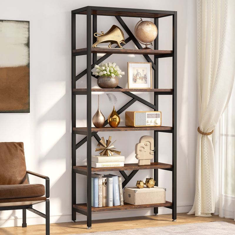 70.8''H 6 Tier Bookcase Bookshelf with Staggered Metal Back, Rustic Industrial Etagere Storage Rack for Living Room Office - Rustic Brown