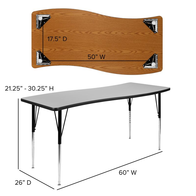 26"W x 60"L Rectangular Wave Collaborative Grey Adjustable Height Activity Table - Oak