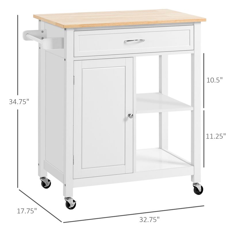 HOMCOM Kitchen Trolley, Wood Top Utility Cart on Wheels with Open Shelf and Storage Drawer for Dining Room, Kitchen - Grey