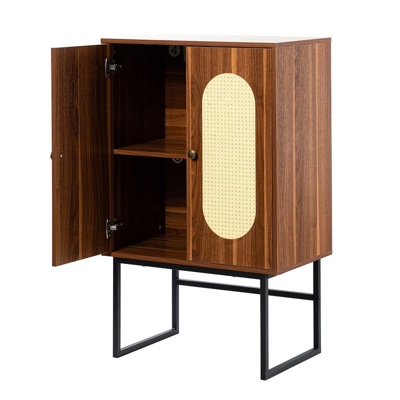 2-Door Accent Cabinet with Interior Shelves and Black Metal Base - Walnut