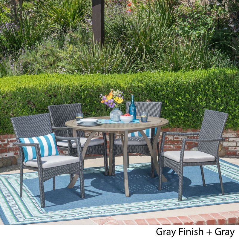 Baldwin Outdoor 5 Piece Acacia Wood and Wicker Dining Set by Christopher Knight Home - Brown/CREAM/Teak