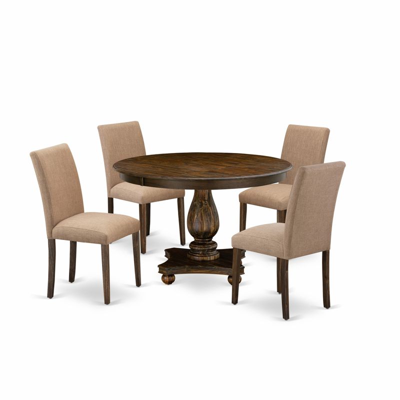 Dining Table Set Includes a Dining Table and Light Sable Linen Fabric Dining Chairs-Distressed Jacobean Finish - F2AB7-747