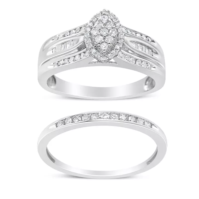 .925 Sterling Silver 1/2 Cttw Round and Baguette-Cut Diamond Engagement Bridal Set (I-J Color, I1-I2 Clarity) - Size 6