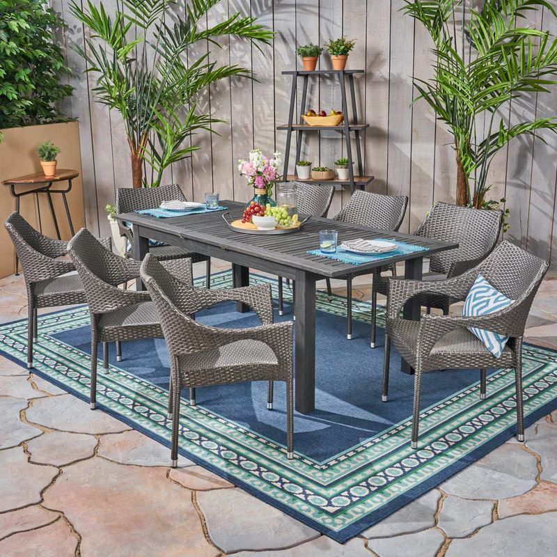 Damon Outdoor 9 Piece Wood and Wicker Expandable Dining Set by Christopher Knight Home - natural + multi brown