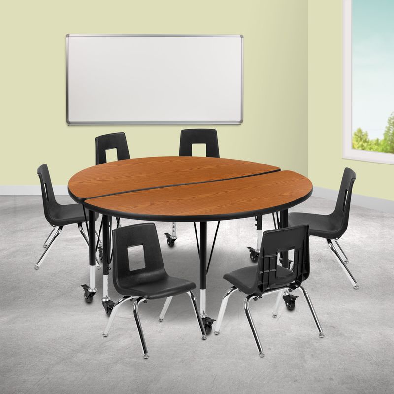 Mobile 47.5" Circle Wave Collaborative Laminate Activity Table Set with 14" Student Stack Chairs, Grey/Black - Grey