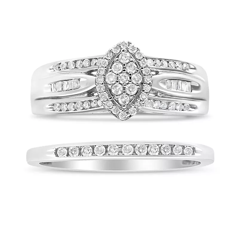 .925 Sterling Silver 1/2 Cttw Round and Baguette-Cut Diamond Engagement Bridal Set (I-J Color, I1-I2 Clarity) - Size 7