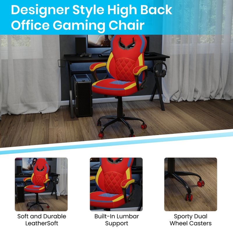 Ergonomic Designer Computer Gaming Chair with Diamond Stitching - 24.75"W x 27"D x 44" - 48"H - 24.75"W x 27"D x 44" - 48"H -...