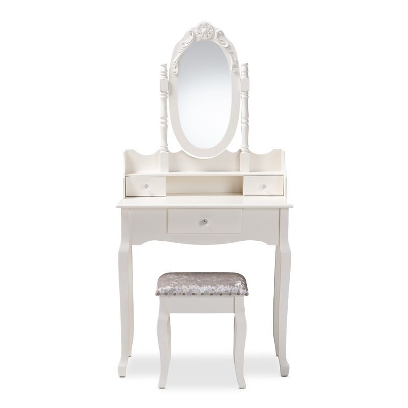 French Country 2-Piece Vanity Table and Ottoman Set - White