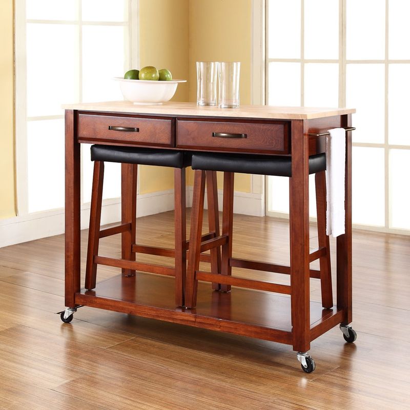 Crosley Furniture Cherry Wood Kitchen Cart/Island with Cherry 24-inch Upholstered Saddle Stools - Cherry