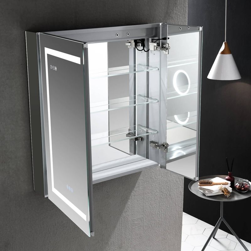 LED Medicine Cabinet with Amplified Mirror and Defogger - 24x32/3X - Hinge on Left