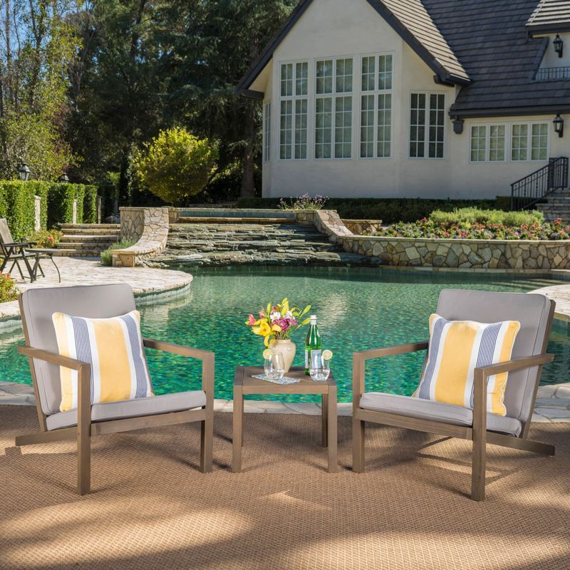 Leah Outdoor 3-piece Acacia Wood Chat Set with Cushions by Christopher Knight Home - Grey Finish + Grey