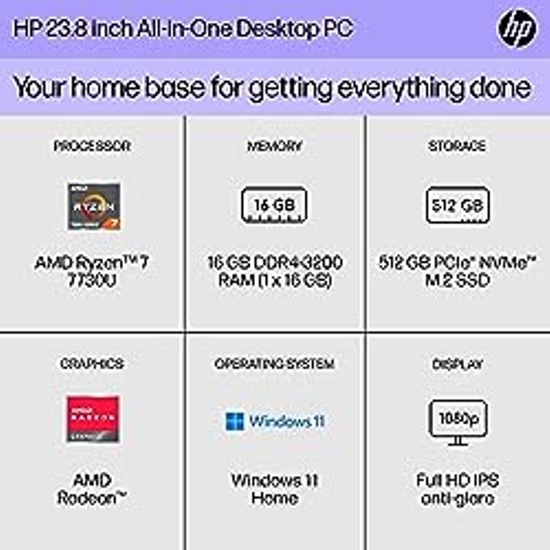 HP 23.8 inch All-in-One Desktop PC, FHD Display, AMD Ryzen 7 7730U, 16 GB RAM, 512 GB SSD, AMD Radeon Graphics, Windows 11 Home,...