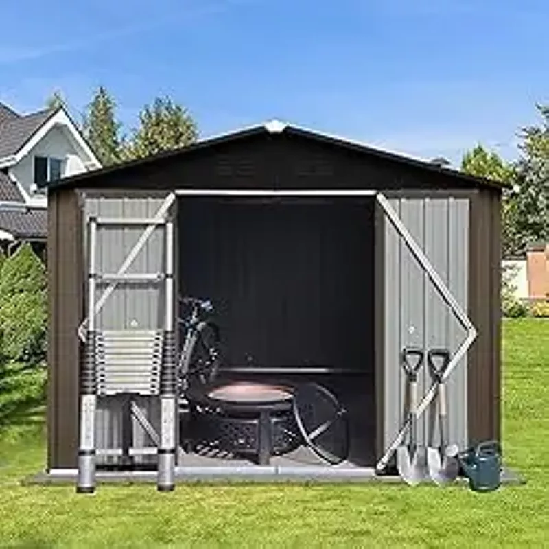 DHPM 10ft x 8ft Garden Storage Shed,Metal Outdoor Storage Sheds with Vents,Hinged Door and Padlock,Practical Tool Storage shed for Storing Bicycles,Lawnmowers,Barbeques and Garden Tools-Brown + Black