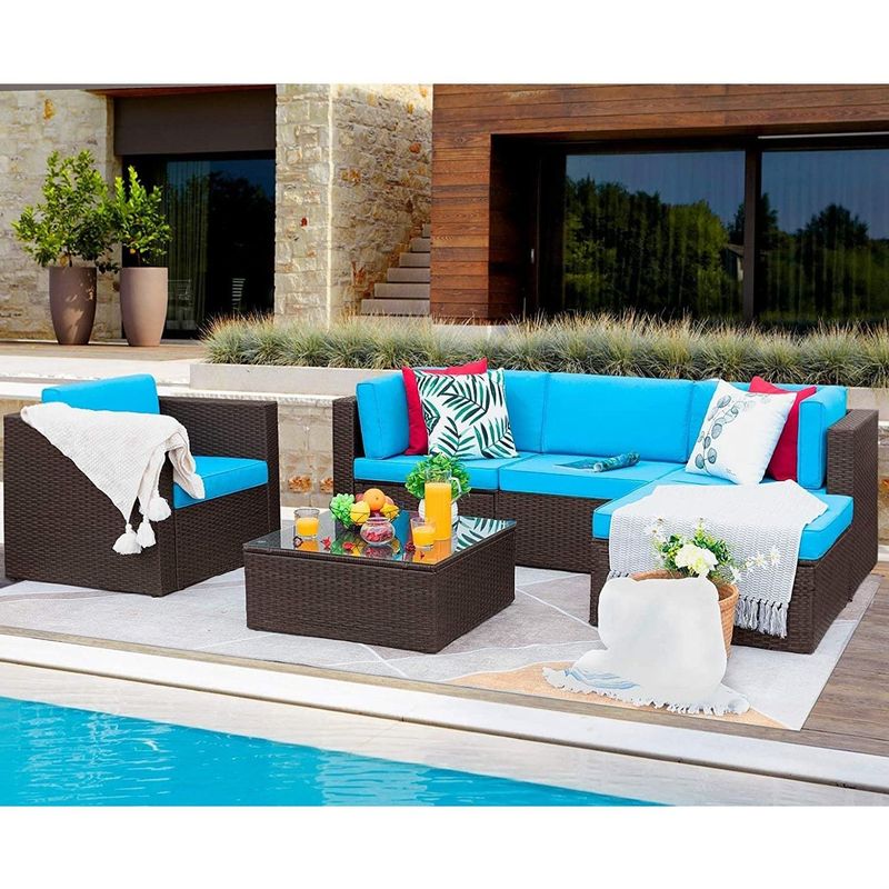6 Pieces Patio Furniture Set Outdoor Sectional Sofa Conversation Set - Beige/Brown