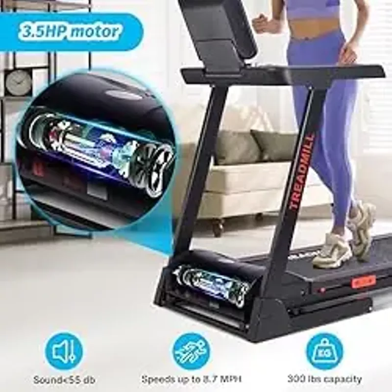 Treadmill with Auto Incline,Home Folding Treadmill with Heart Sensor,3.5 HP Quiet Brushless, 8.7 MPH, Shuttle Buttons,48in*18in Running Area,Running Machine for Home Office Indoor Cardio Exercise