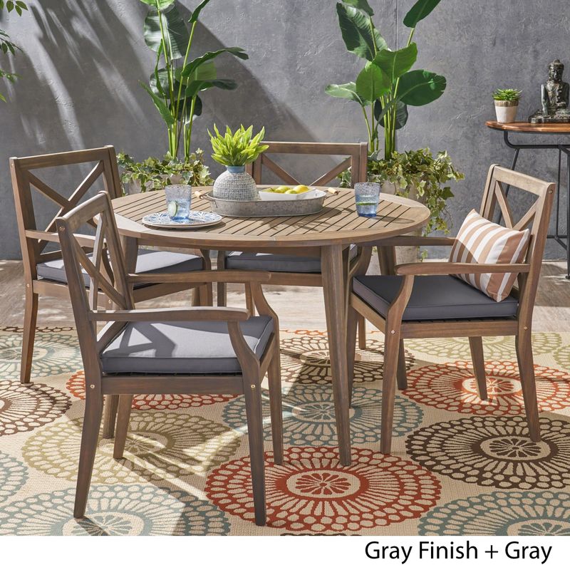 Pines Outdoor 5 Piece Acacia Wood Dining Set with Cushions by Christopher Knight Home - Grey