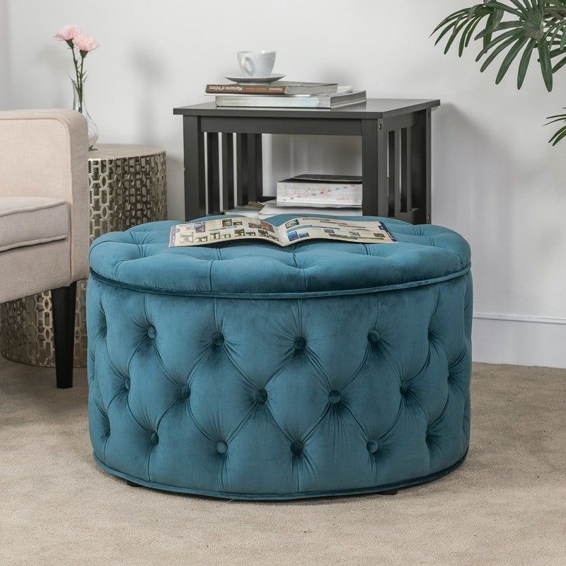 Adeco Velvet Round Storage Ottoman Button Tufted Footrest Stool Bench - Green