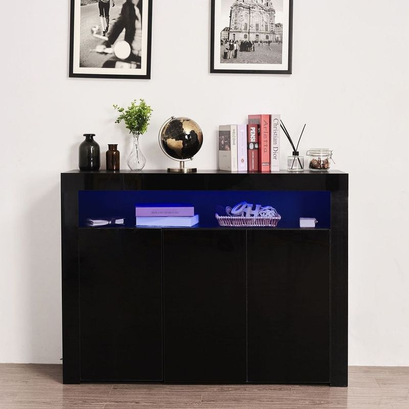 Living Room Sideboard Storage Cabinet High Gloss with LED Light, Wooden Storage Display Cabinet TV Stand with 3 Doors - Black