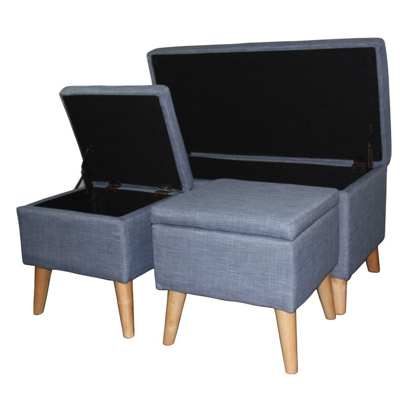 18" Grey Plaid Storage Bench + 2 Storage Ottoman Seating - Aquamarine Blue