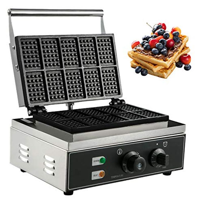VBENLEM Commercial Rectangle Waffle Maker 10pcs Nonstick Electric Waffle Maker Machine Stainless Steel 110V Temperature and Time...