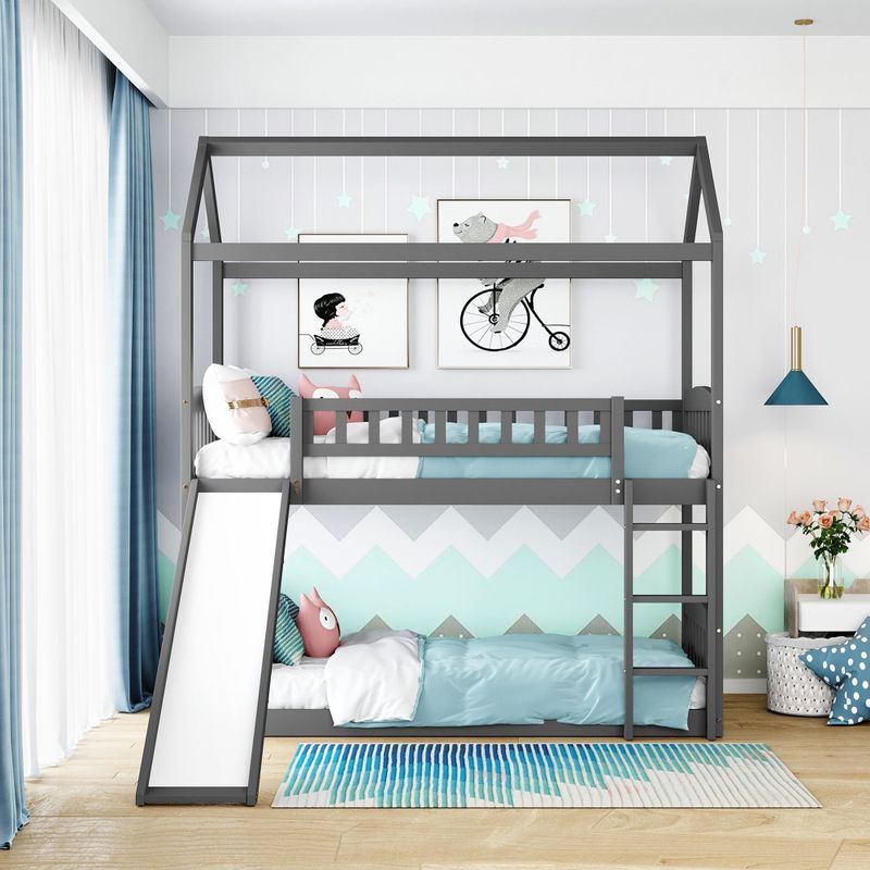 Merax House Twin over Twin Bunk Bed with Slide for Kids - White