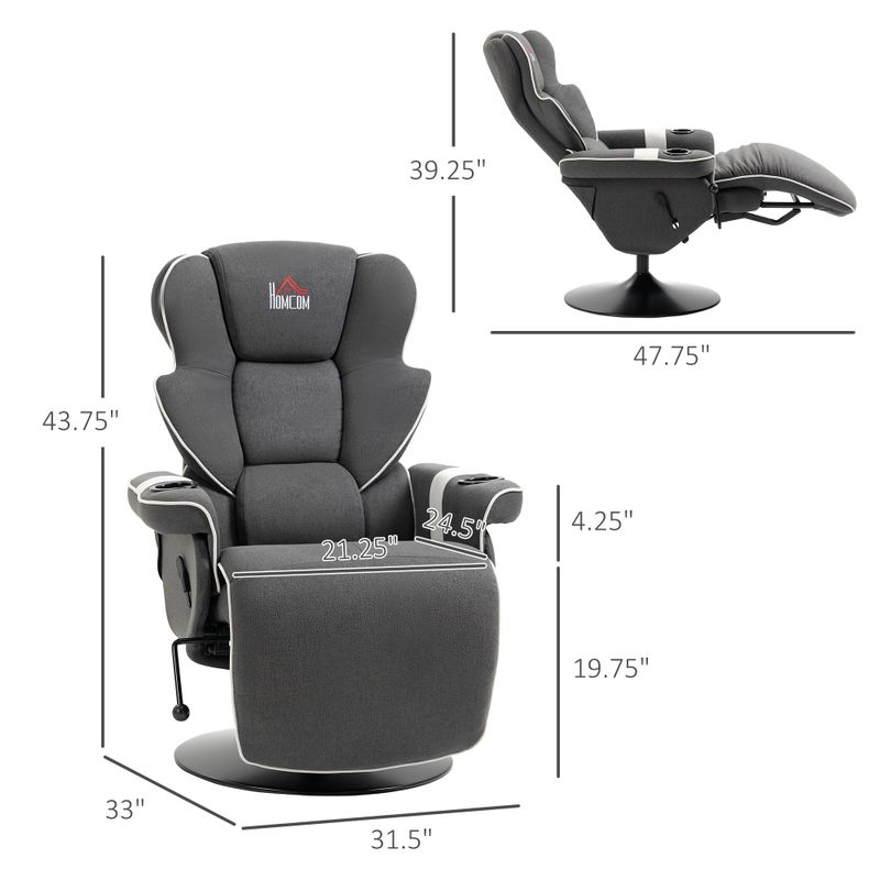 HOMCOM Manual Recliner, Swivel Lounge Armchair with Footrest and Two Cup Holders for Living Room, Black - Black