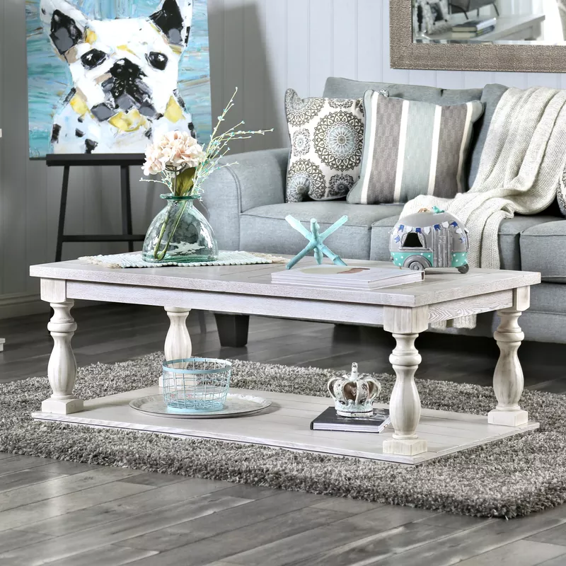 Rustic Wood Open Shelf Coffee Table in Antique White