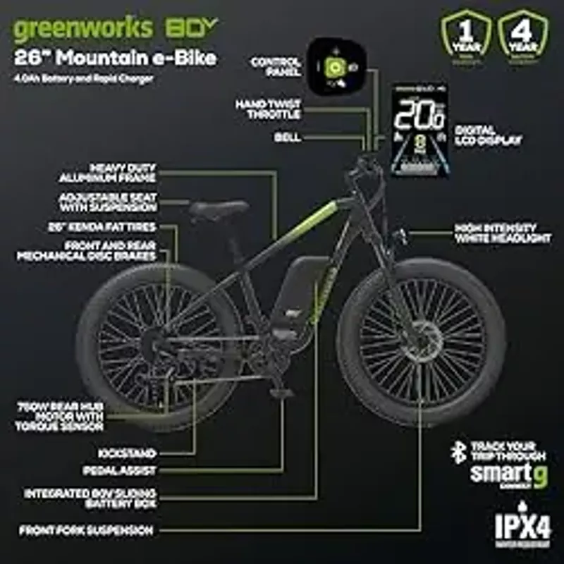 Greenworks 80V 26" (All-Terrain) Fat Tire Mountain Electric Bike for Adults (Brushless Rear Hub Motor), 7-Speed, Up to 20 MPH, Dual Disc Brakes, Pedal Assist with 4Ah Battery and Rapid Charger