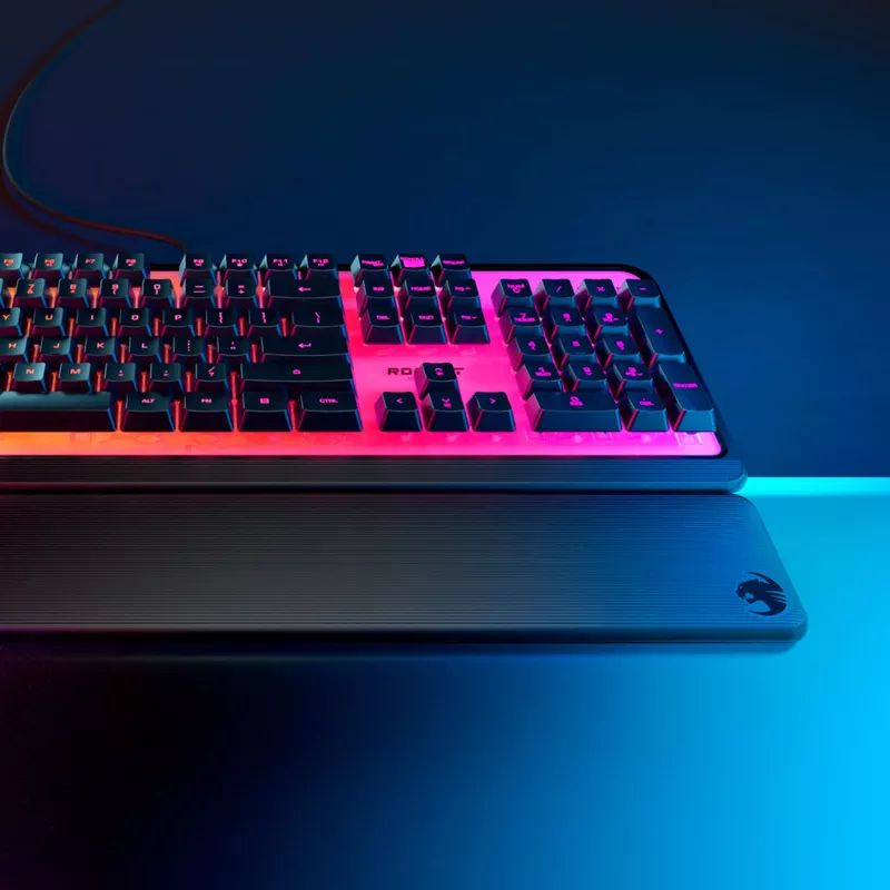 ROCCAT - Magma Full-size Wired Silent Membrane Gaming Keyboard with 5 Zone/ 10 LED AIMO RGB Top Plate and Detachable Palm Rest - Black