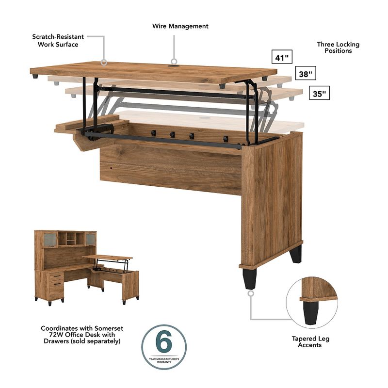 Somerset 72W Sit to Stand L-Desk with Hutch and Bookcase in Ash Gray - Maple Cross