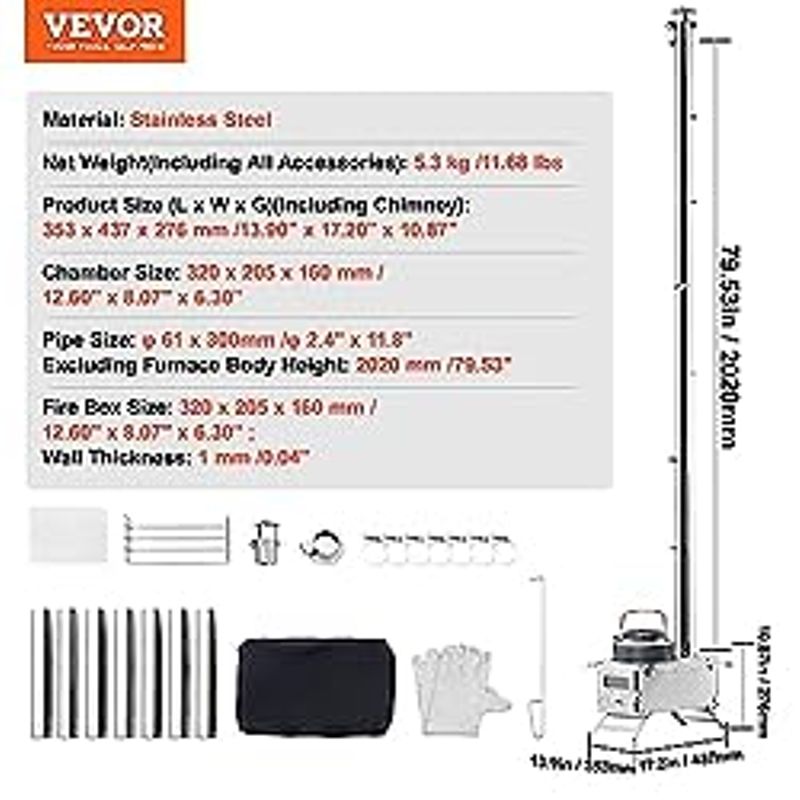VEVOR Camping Wood Stove Stainless Steel Camping Tent Stove, Portable Wood Burning Stove with Chimney Pipes & Gloves, 700inFirebox Hot...