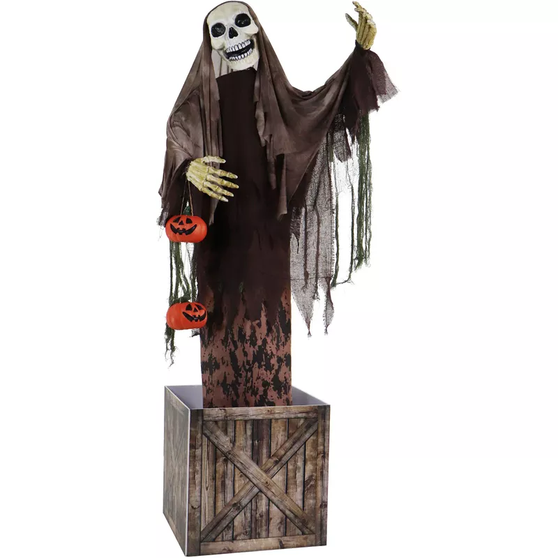 Animatronic Skeleton in a Box with Movement, Sounds, and Light-Up Eyes for Scary Halloween Decoration