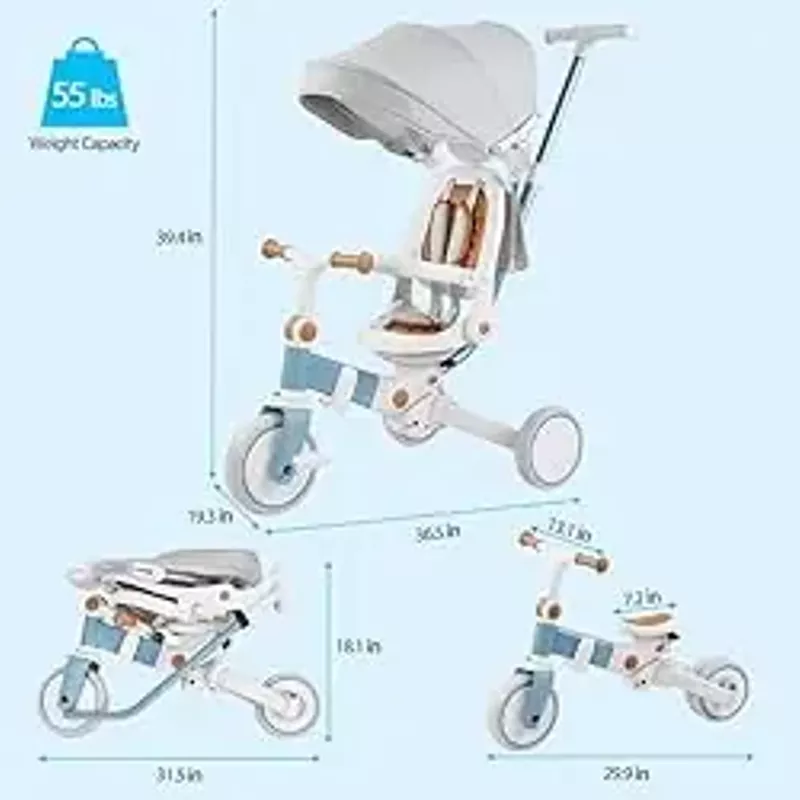 Babevy Baby Tricycle, 7-in-1 Folding Kids Tricycle with Adjustable Parent Handle, Safety Harness & Wheel Brakes, Removable Canopy, Ultra-Light Vehicle, Push Bike Gift for Toddlers for 1-6 Yearswhite