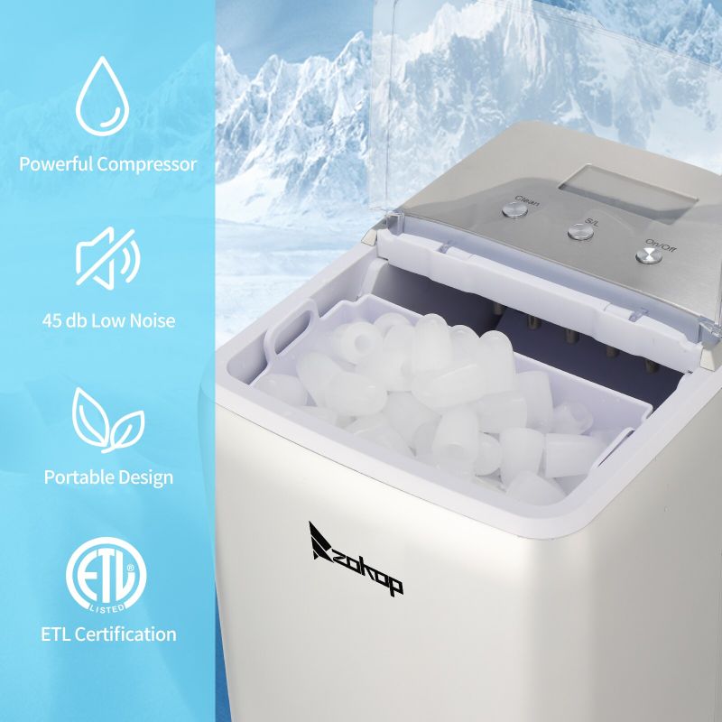 ZOKOP 120V 150W 44lbs/20kg/24h Ice Maker ABS Transparent Cover/Display Commercial/Home Silver - White