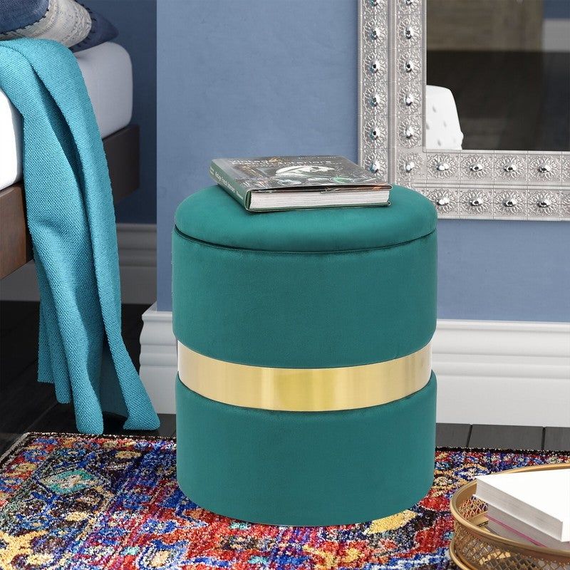 Adeco Set of 2 Velvet Storage Round Ottoman Foot Stool Metal Band - Teal