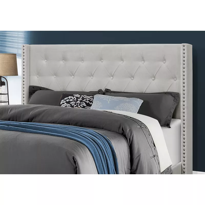 Rent to own Bed Queen Size / Light Grey Velvet With Chrome Trim