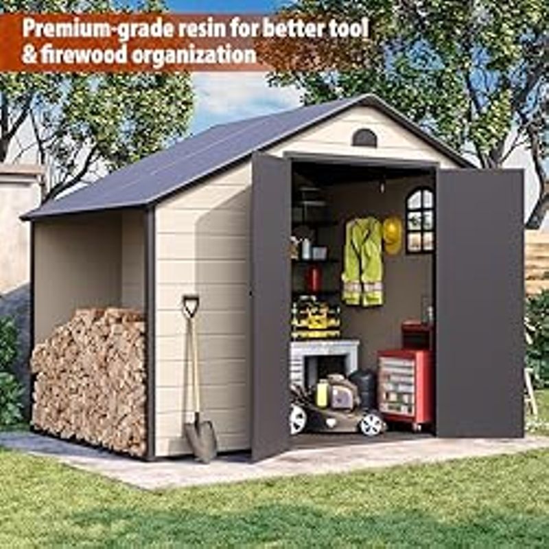 Outdoor Storage Shed 8.5x6.3 ft, Resin Storage Shed & Firewood Rack, Patio Storage Sheds Outdoor with Floor, Lockable Door, Airflow Vent,...